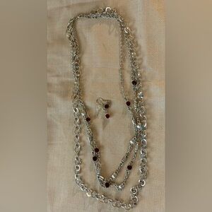Medium Length Silver Necklace w/ red stones. NWOT earrings included